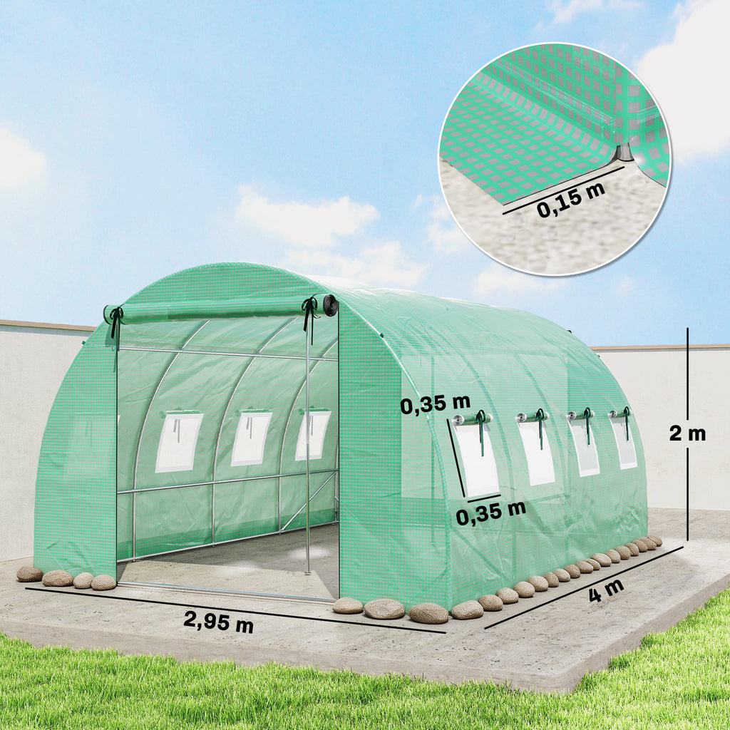 Gewächshaus ca. 4 x 3 x 2 m Foliengewächshaus mit Rollbar 2 Reißverschlusstür & 8 Netzfenster Stützstangen Grün
