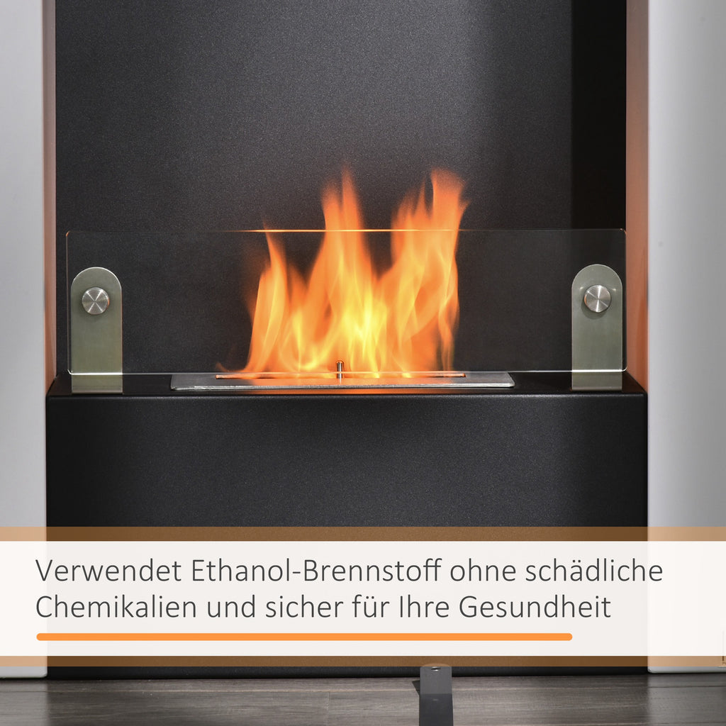 Ethanol-Kamin Bio-Ethanol-Brenner 1993W 1,5L 3 Std. Brenndauer kein Rauch frei stehend Stahl Edelstahl gehärtetes Glas Weiß+Schwarz 60 x 20 x 79 cm