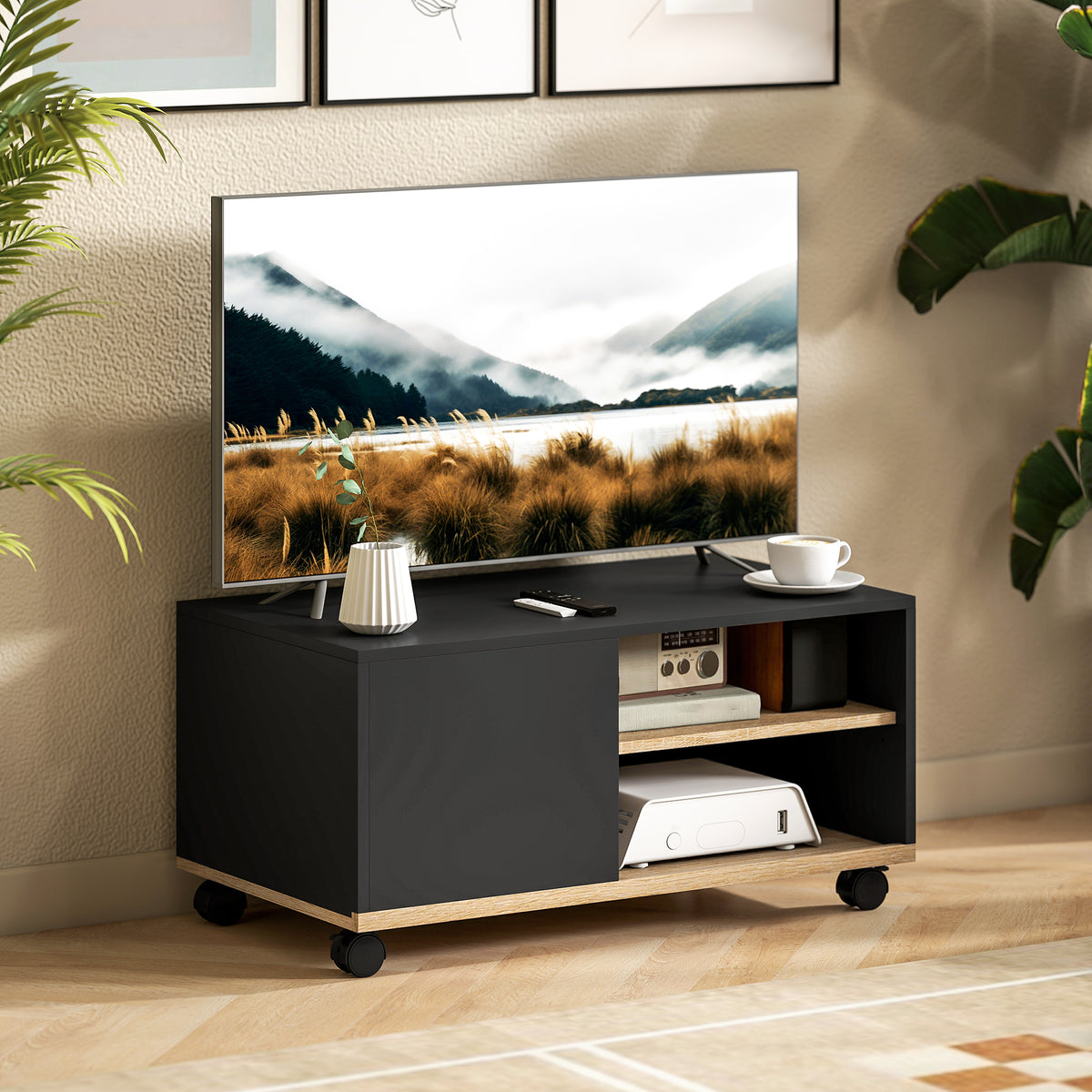 TV-Board auf Rollen mit Bremsen, TV-Möbel mit Schrank und verstellbarer Ablage, Schwarz und Eiche