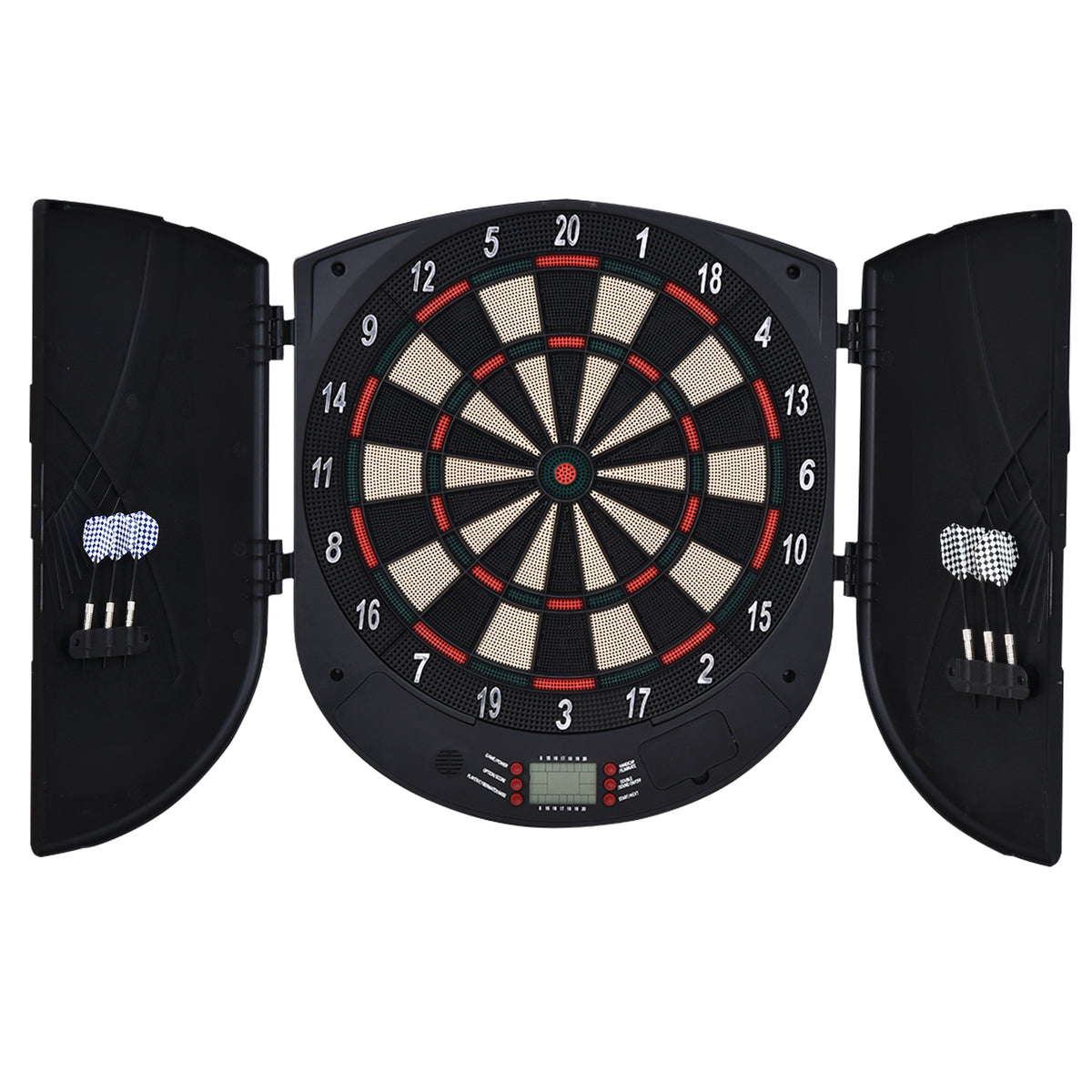 Elektronische Dartscheibe Dartboard mit Sprachansagen Englische Stimme LED-Anzeigen 6 Darts 26 Spiele 185 Varianten Dartautomat mit Tür Dartscheibe Set für bis zu 8 Spieler