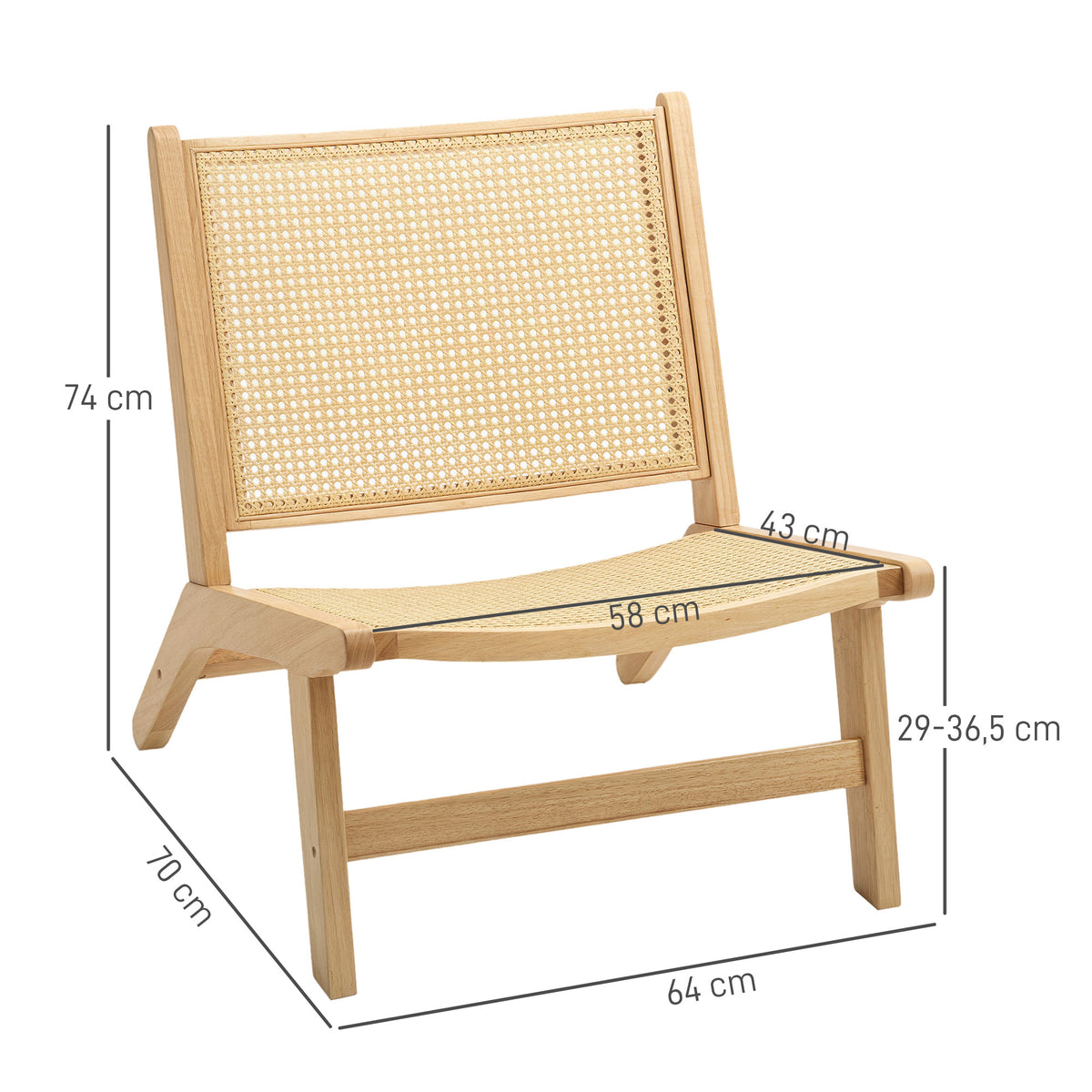Rattanstuhl, Lesestuhl, Holzrahmen, breiter Sitz, 64 x 70 x 74 cm, Naturholz