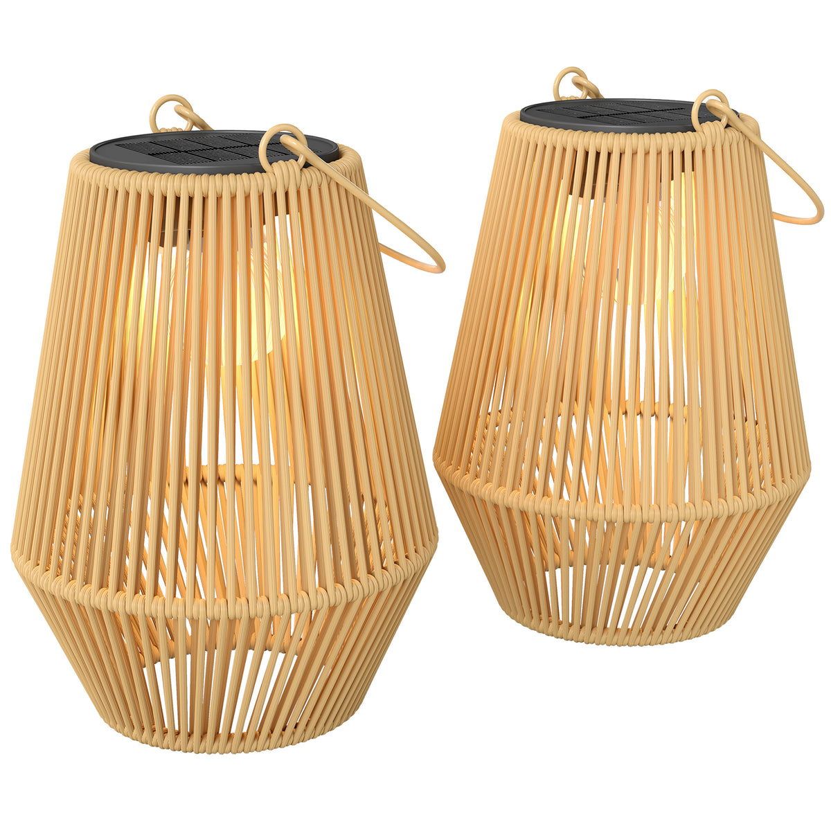 Hanging Solar Lanterns, 2 Pack Rattan Solar Lights with Handle for Patio, Pathway, Terrace, Auto On/Off, Brown