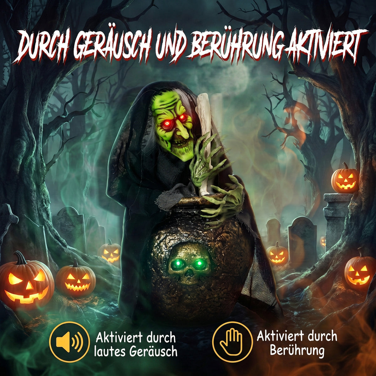 Animierte Halloween-Tischhexe mit Lachsound, leuchtenden Augen und Sound-/Touch-Aktivierung