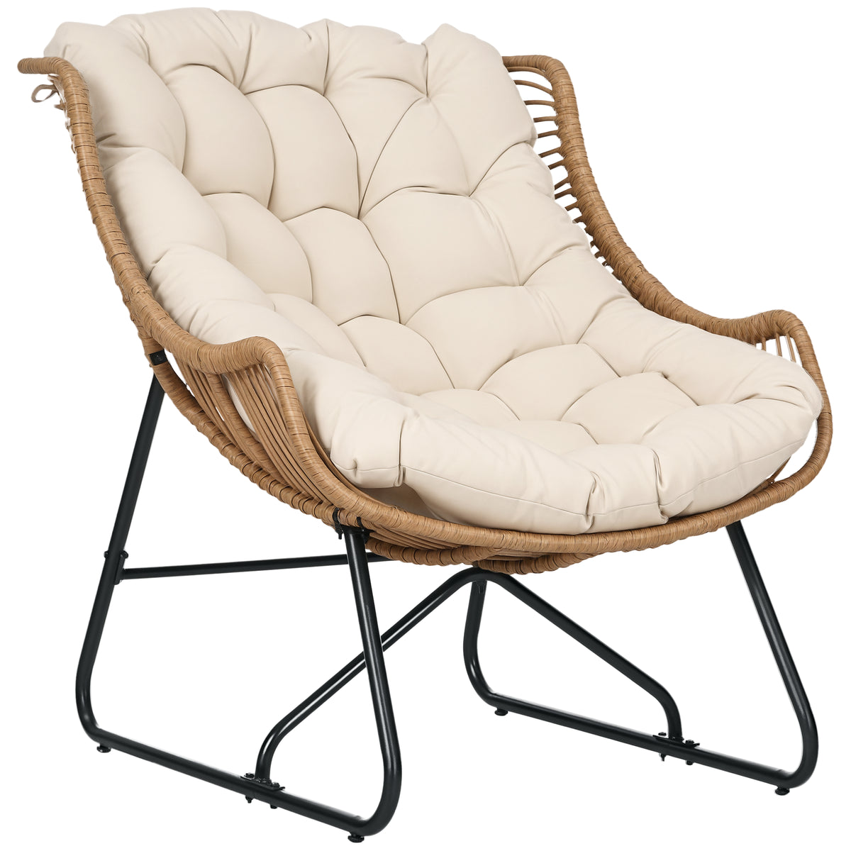 Garten Lounge, Rattanoptik, Outdoor Sessel, mit Auflage, Metallrahmen, 75x101x90 cm, Natur/Khaki/Schwarz