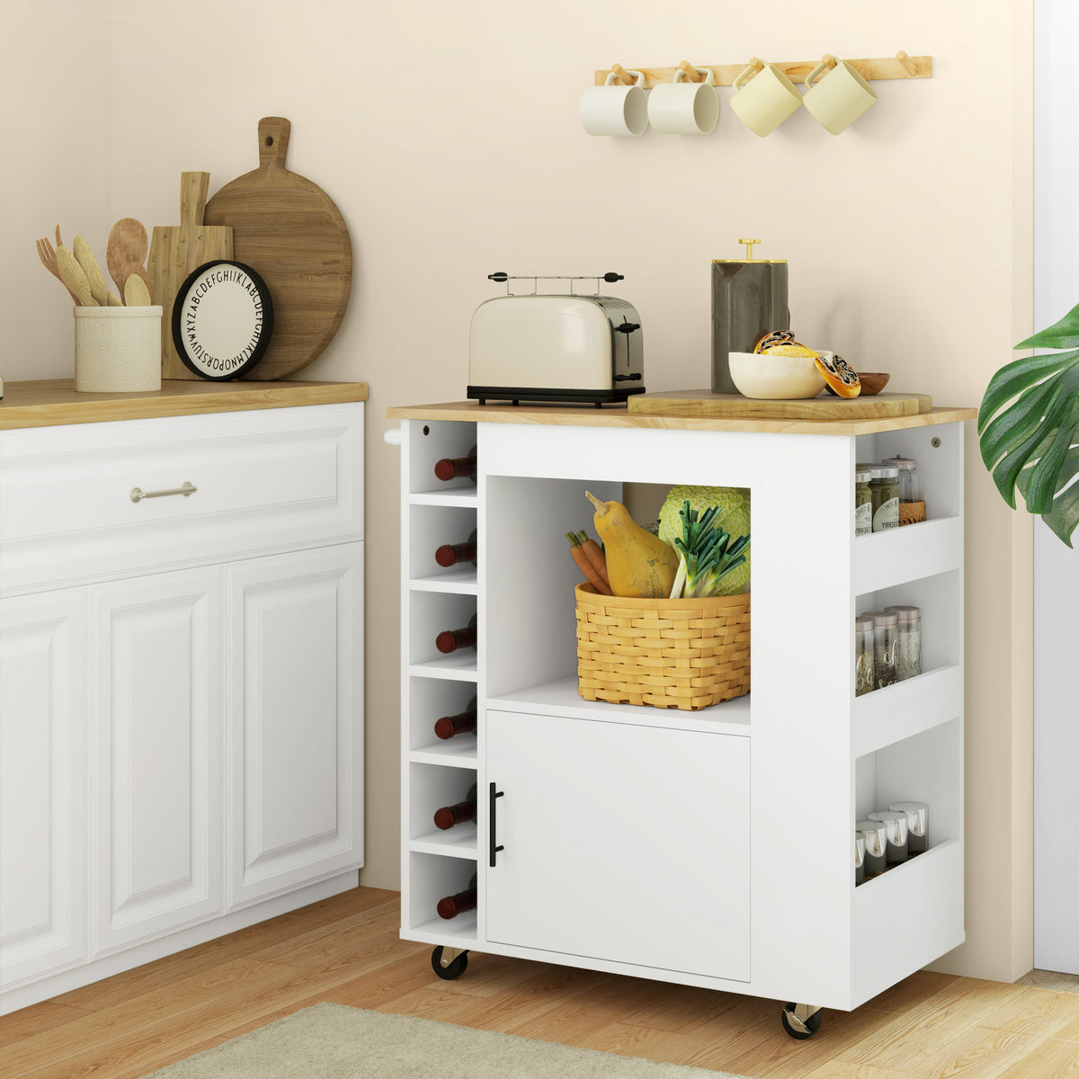 K¨¹chenwagen, Rollbare K¨¹cheninsel, K¨¹chen-Trolley mit F?chern, Weinregalen, Schrank und Arbeitsfl?che, Wei?