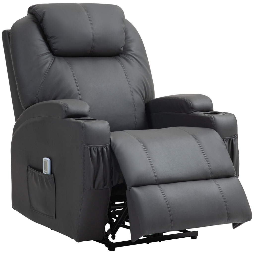 Massagesessel, elektrisch verstellbar, 8 Vibrationspunkte, Becherhalter, Kunstleder, Dunkelgrau