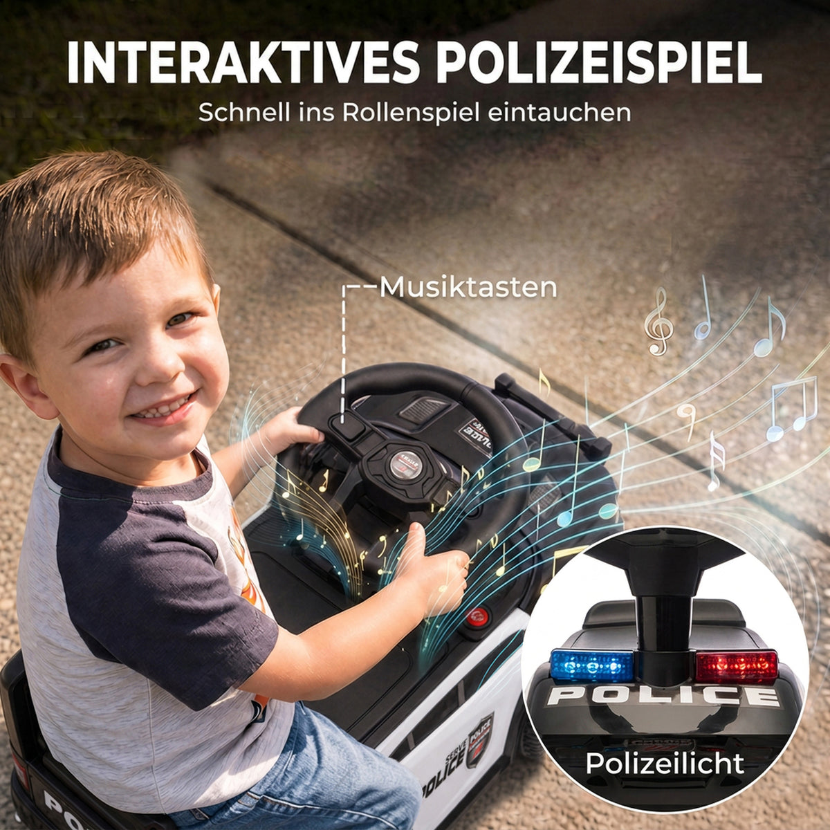 Rutschauto Kinder Polizei Rutschfahrzeug mit Musik Licht Anti-Kipp-Schutz & Stauraum unter dem Sitz 18-36 Monate Schwarz