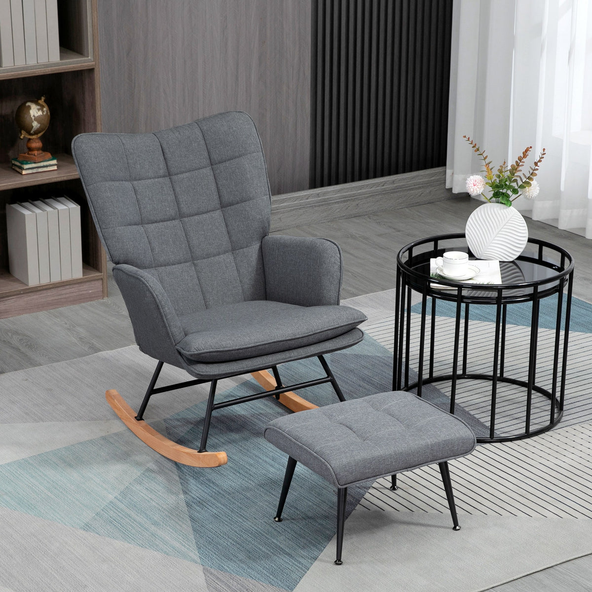 Schaukelstuhl mit Hocker, komfortabel, bis 130 kg, Leinenoptik, 64x89x90cm, Grau