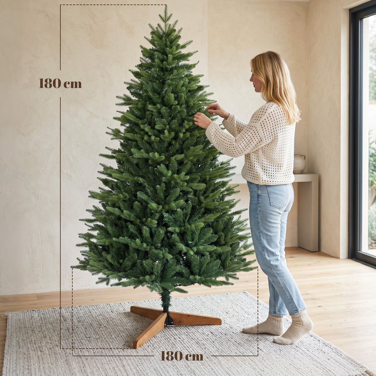 Künstlicher Weihnachtsbaum 180 cm mit Kiefernholzständer, Nordic-Tanne mit Klappsystem, 889 Zweigspitzen, Grün