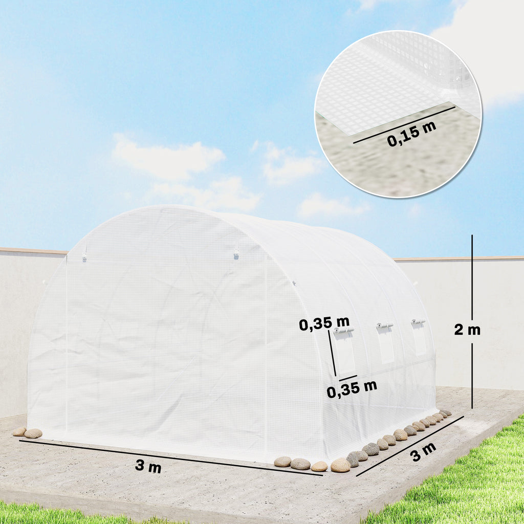 Gewächshausfolie 3 x 3 m, wasserdicht Polyethylenfolie mit Rolltür, 6 Fenster, UV Schutz NUR Folie Weiß
