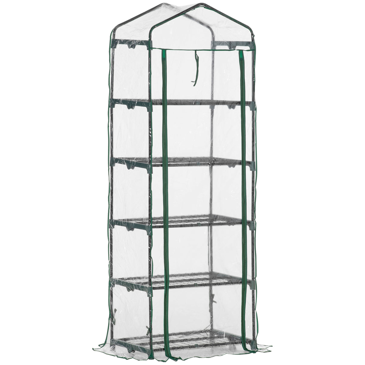  5 Tier Mini Greenhouse, Portable Greenhouse with Reinforced Plastic Cover, Garden Grow House with Roll Up Door and Shelves, 69 x 49 x 193cm, Green