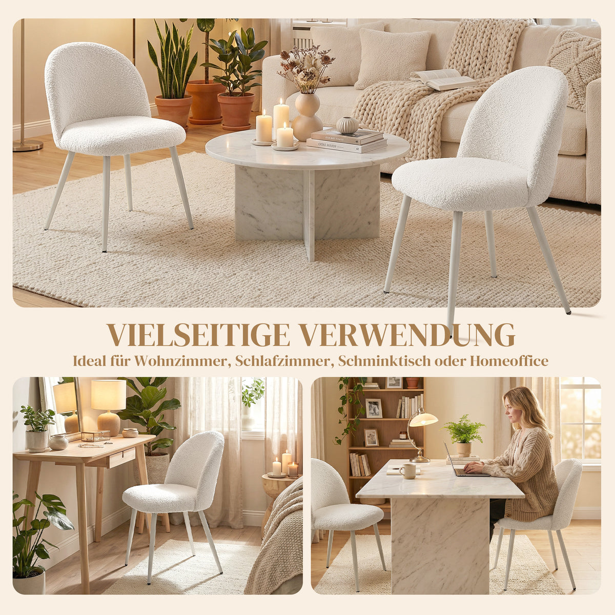 Esszimmerstühle, Küchenstühle, weich gepolstert mit Chenille, 50,5 x 57,5 x 78,5 cm, Cremeweiß