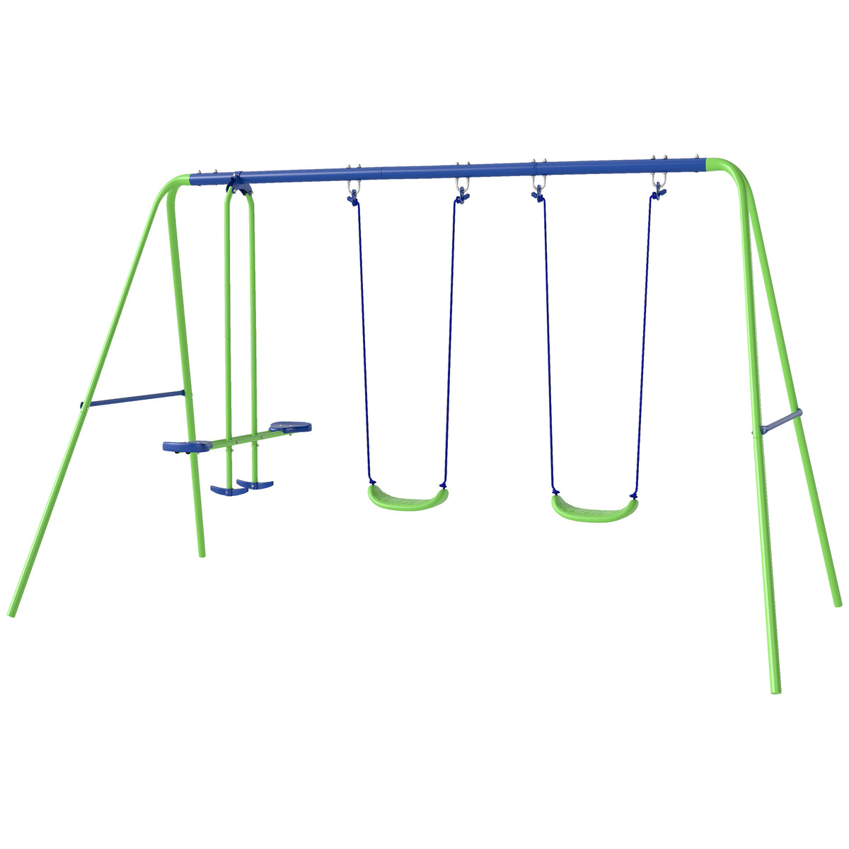 Metal Swing Set, with Seesaw, Adjustable Height, for Ages 3+ Years, Green
