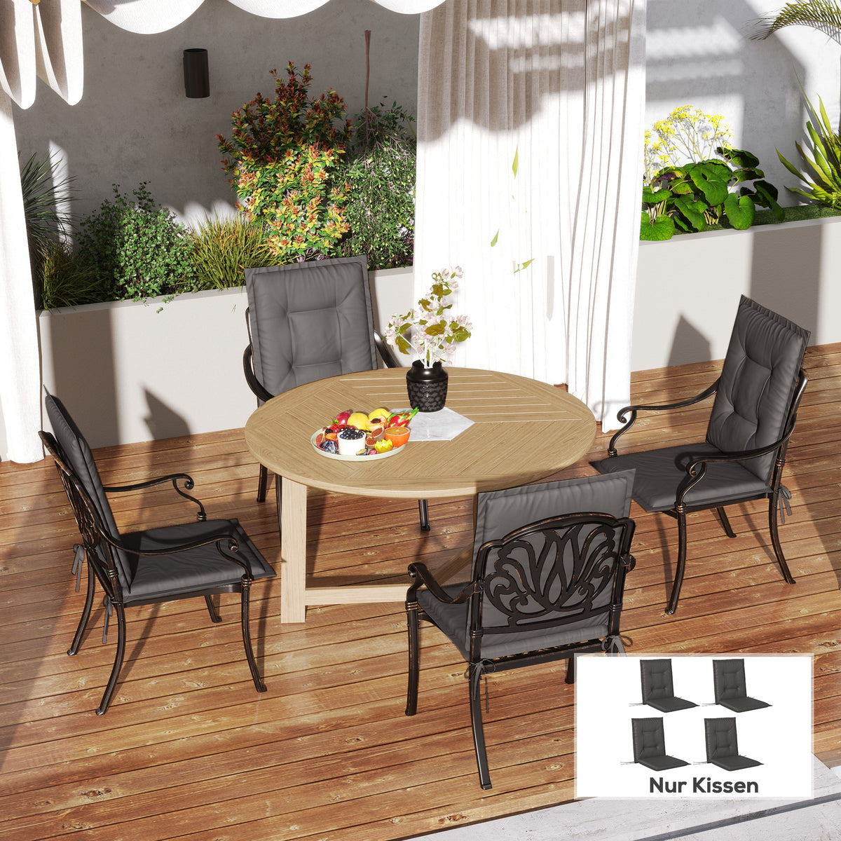 4er Set Sitzkissen 108 x 50 x 5 cm Stuhlkissen mit Bändern, Outdoor Indoor Sitzauflage Dunkelgrau