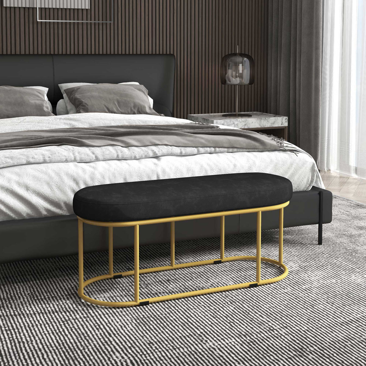 Schuhbank im Retrodesign, Bettbank, Flurbank, Samtoptik, bis 200 kg, Metallrahmen, schwarz, 100 x 37 x 43cm