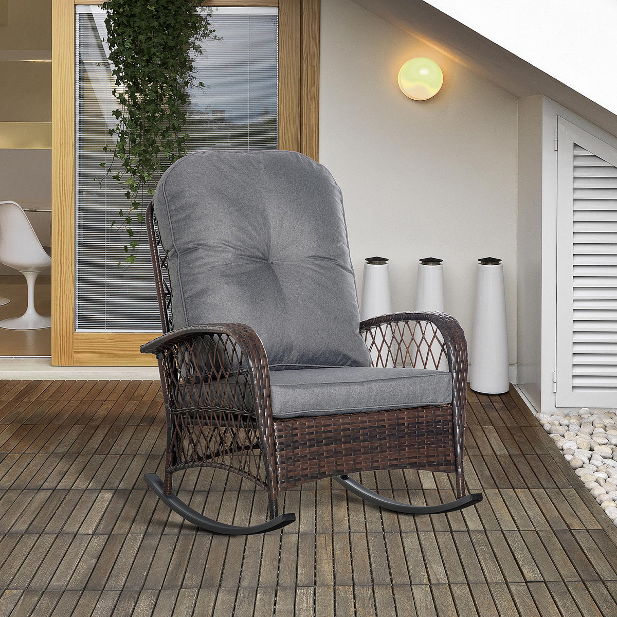 Schaukelstuhl Polster mit Knopfheftung PE-Rattan Stahl Braun + Grau