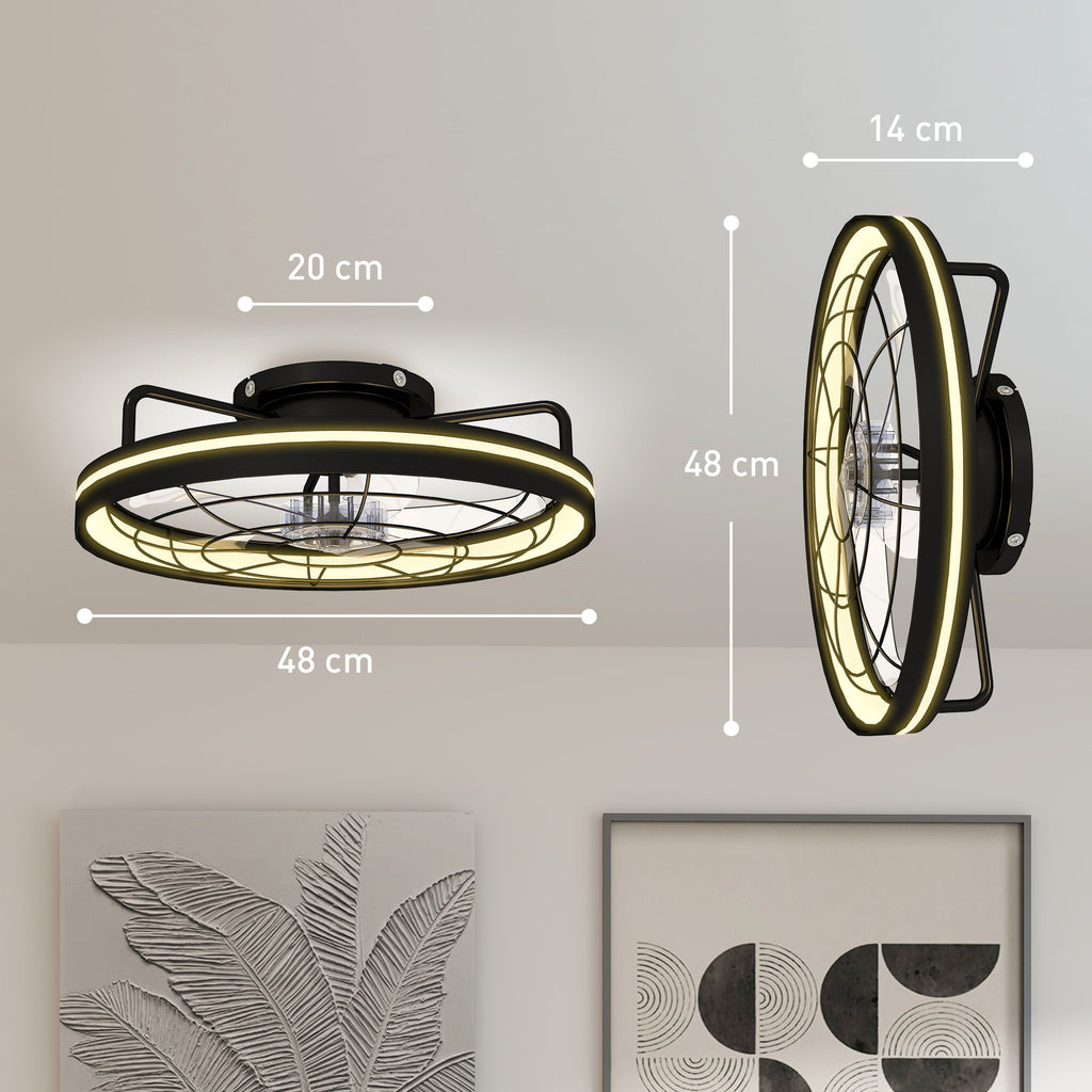 Deckenventilator mit Licht und Fernbedienung, 48 cm LED-Deckenventilator mit 3 Farbtemperaturen, 6 Geschwindigkeiten, Timer, Schwarz