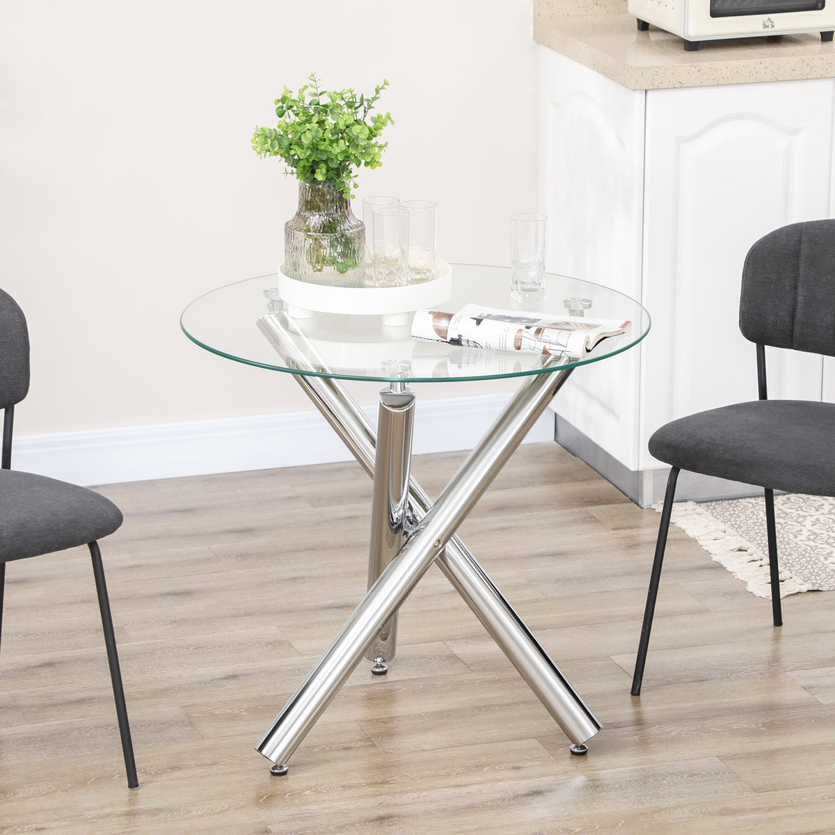Esstisch, runde Hartglasplatte, randloses Design, für 2-4 Personen, Stahlbeine, 80 x 80 x 74 cm
