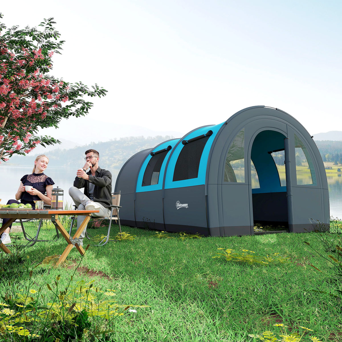 Three Man Duo Room Tunnel Tent, with Accessories - Grey/Blue
