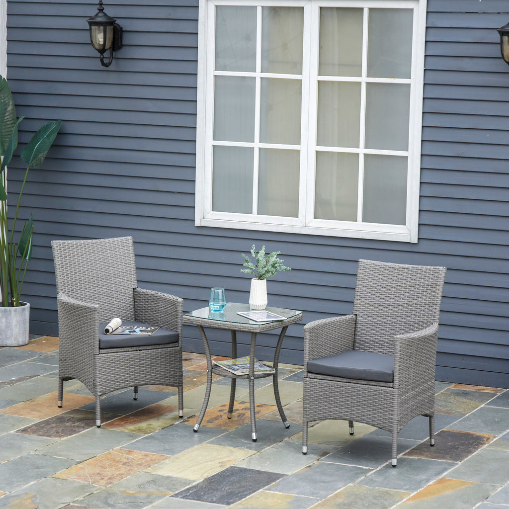 Polyrattan Gartenm?bel Set, Outdoor Lounge Balkonm?bel f¨¹r 2 Personen, 3-teilig Sitzgruppe, 2 St¨¹hle, Tisch Sitzkissen, Gartenlounge f¨¹r Garten, Terrasse, Balkon, Grau