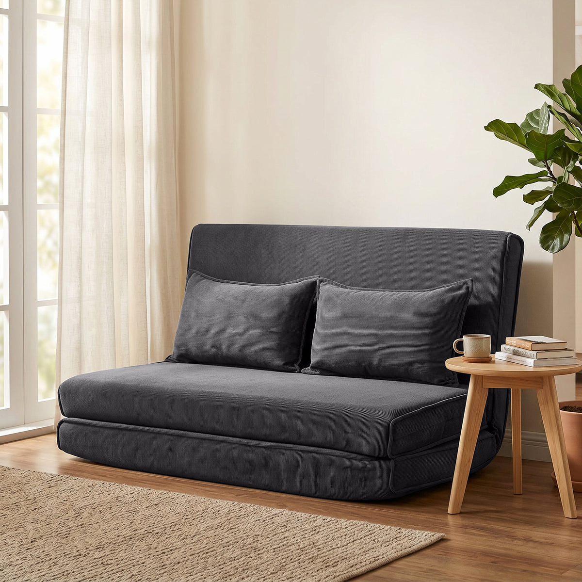Bodenstuhl mit Rückenlehne, Cord-Klappsofa als Gästebett, Verstellbare Rückenlehne, Breiter Sitz, Dunkelgrau