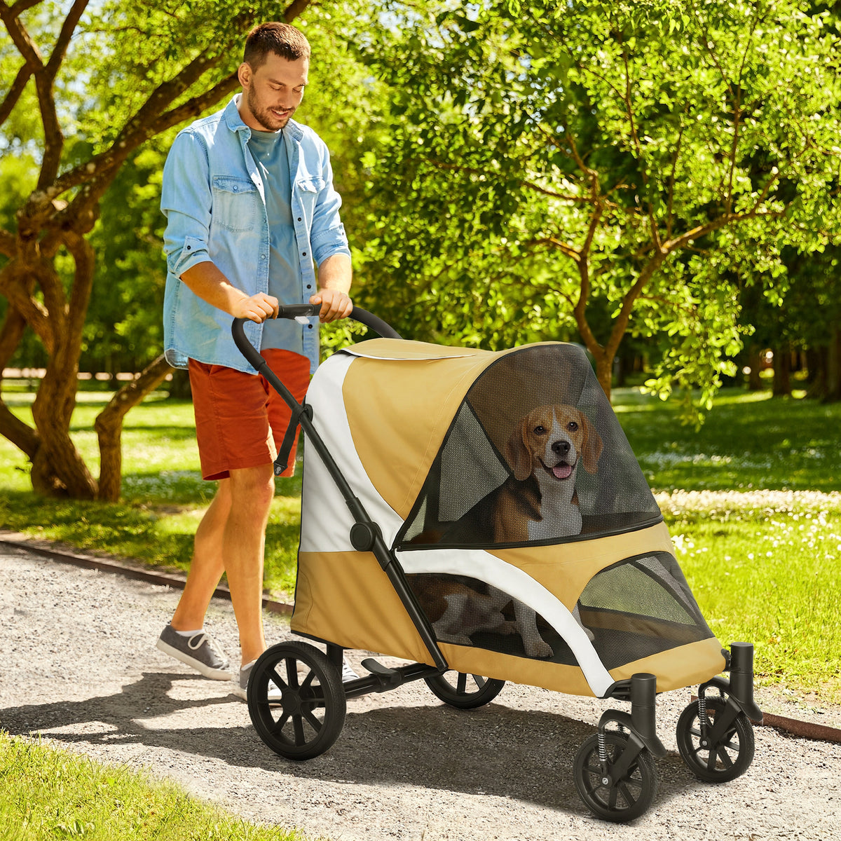 Hundewagen, Faltbarer Hundebuggy für mittelgroße Hunde, Haustierwagen mit 4 Rädern, Sicherheitsleinen, Bremsen, Braun