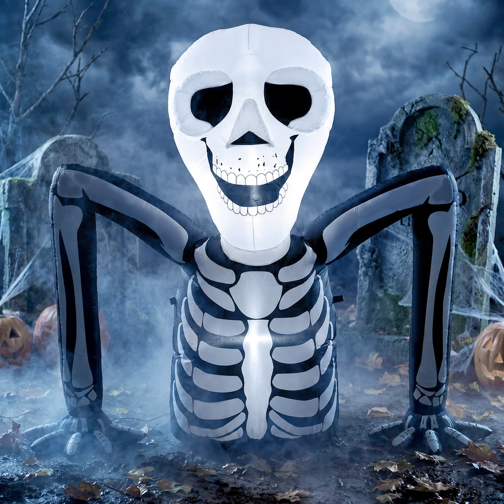 Aufblasbares Halloween-Skelett, aus dem Boden kriechend, mit LED-Lichtern, gruselige Deko für Innen- und Außenbereich