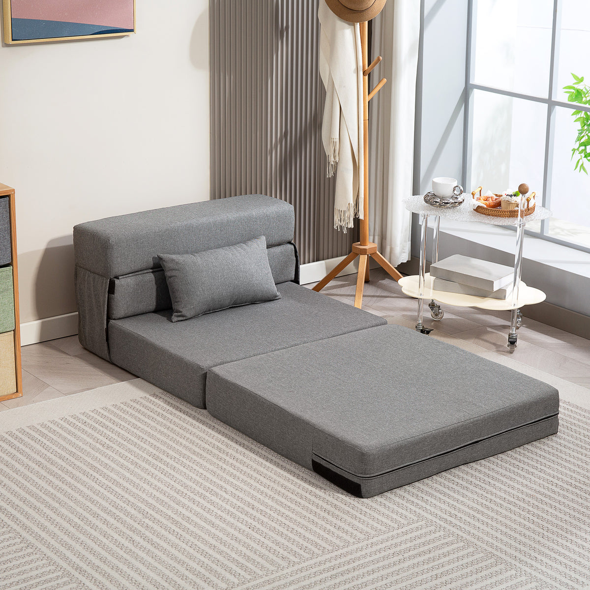 3 in 1 Schlafsessel mit Leinenoptik 80 x 80 x 64 cm Dunkelgrau