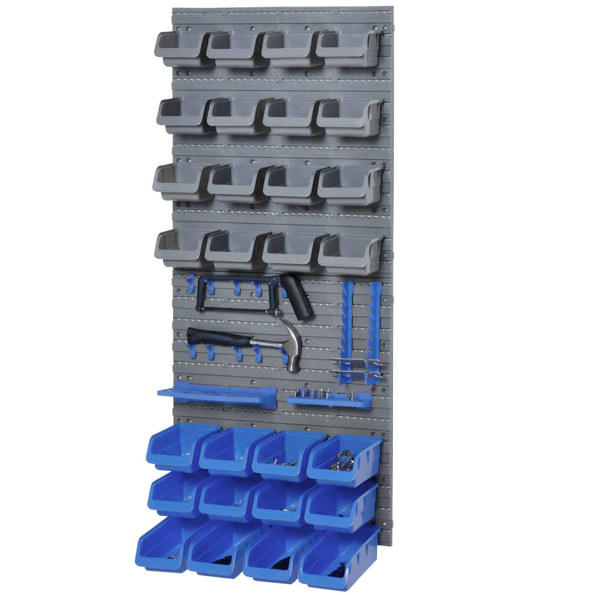 44 Piece Wall Mounted Tool Rack Organiser Storage Bins and Panel Set with Shelf Hook Screws Accessories Blue