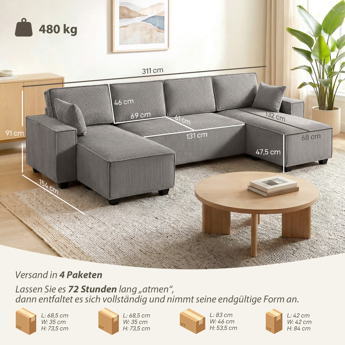 Ecksofa mit Doppel-Chaiselongues, U-förmiges Sofa aus Cordstoff mit breitem und tiefem Sitz, Federkernkissen, Hellgrau