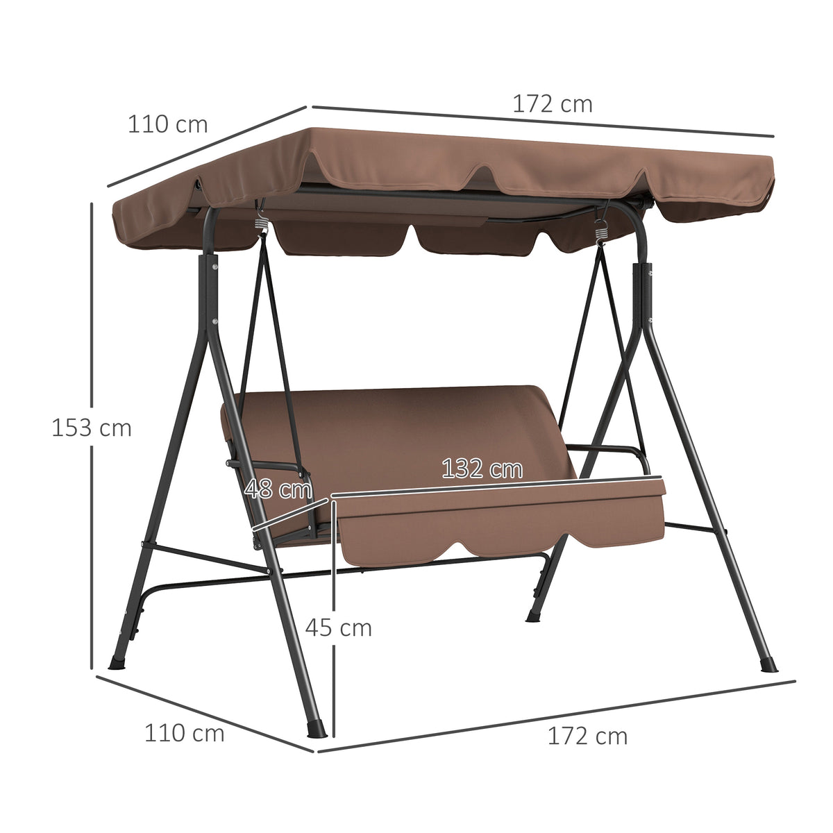 Three-Seat Garden Swing Chair, with Adjustable Canopy - Brown