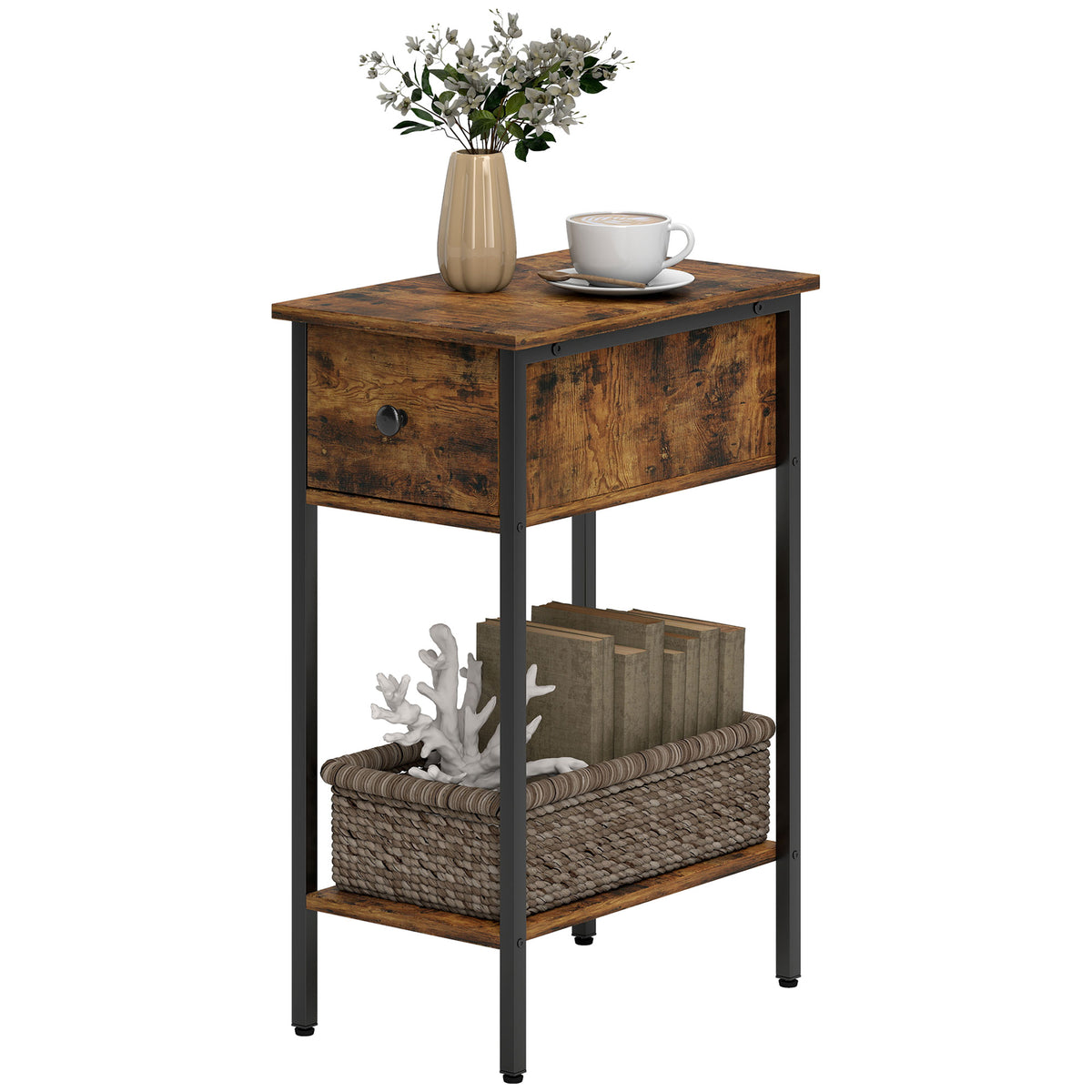 Narrow Side Table with Drawer and Storage Shelf - Rustic Brown