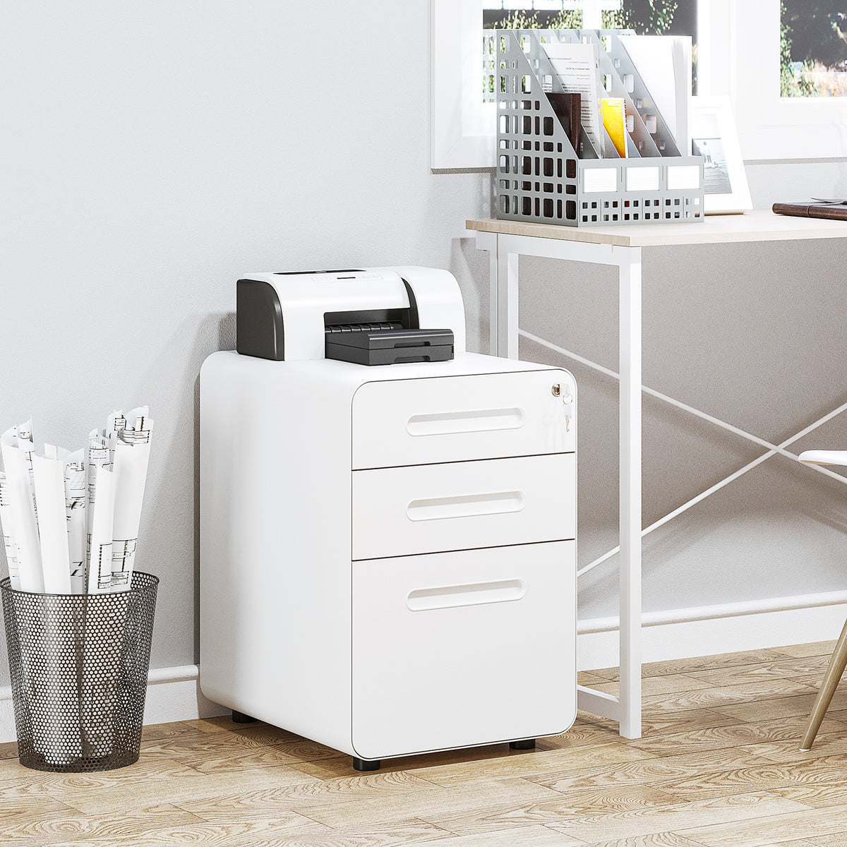 Lockable File Cabinet with 3 Drawers, Vertical Office Drawer for A4, Letter, Legal Size, Anti-tilt Design, Pre-Assembled Body, White