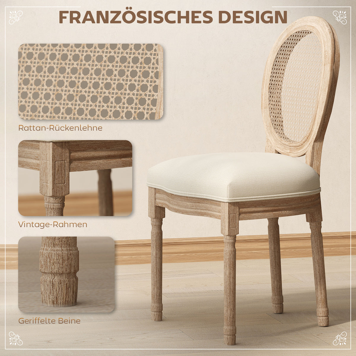 2er-Set Esszimmerstühle, Wienergeflecht, Massivholz, 49 cm x 56 cm x 96 cm, Cremeweiß +Natur