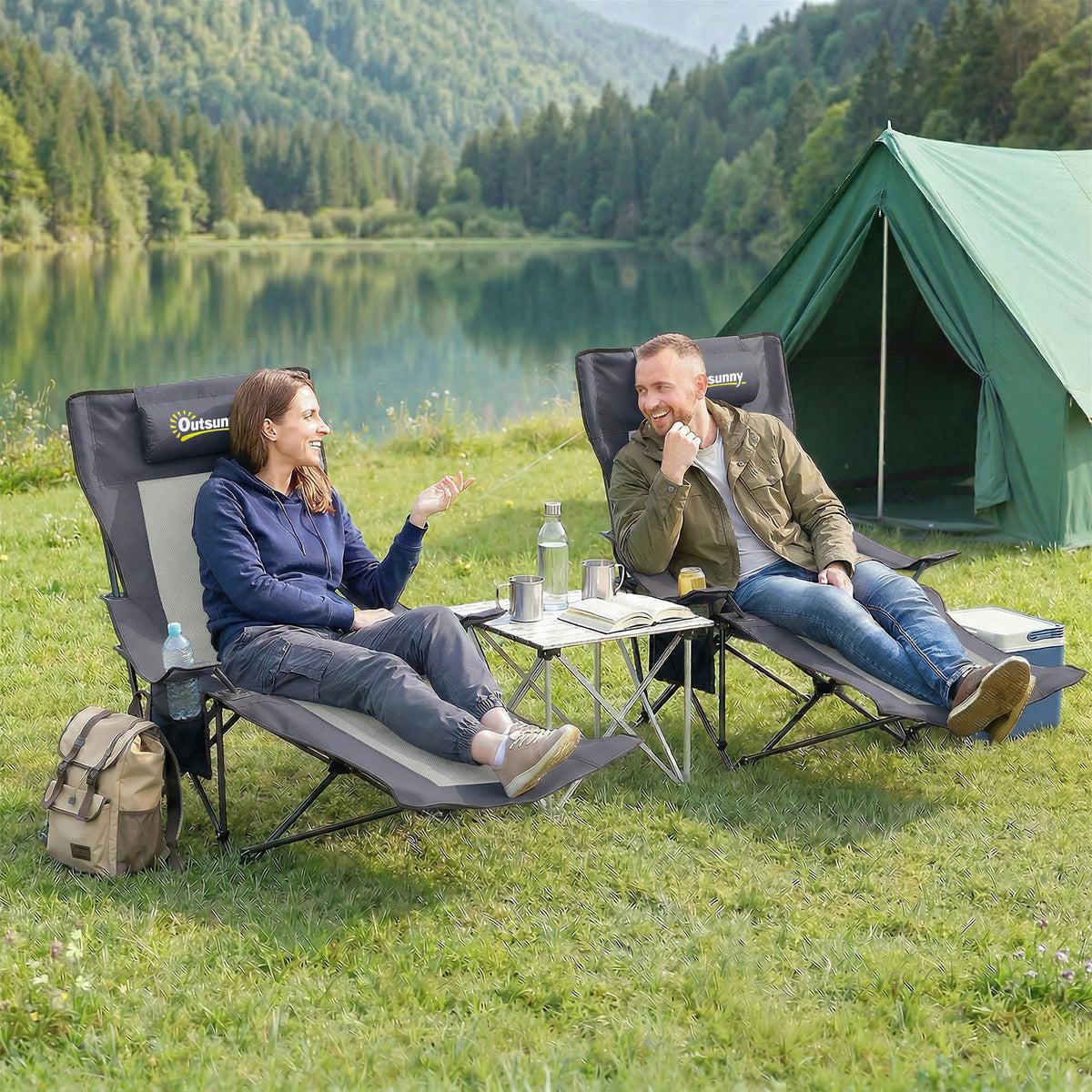 2er Set Campingstuhl faltbar Angelstuhl mit verstellbarer Rückenlehne Fußablage Getränkehalter Kopfstütze Dunkelgrau