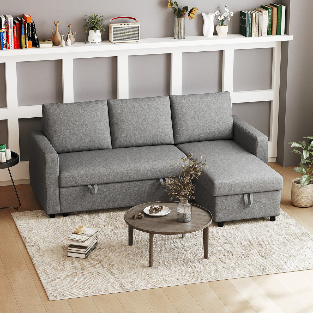 Ecksofa mit Schlaffunktion Stauraum Eckcouch mit Bettkasten Chaiselongue Schlafsofa Stoffsofa L-Form Leinen-Touch Hellgrau 211,5 x 146 x 85 cm