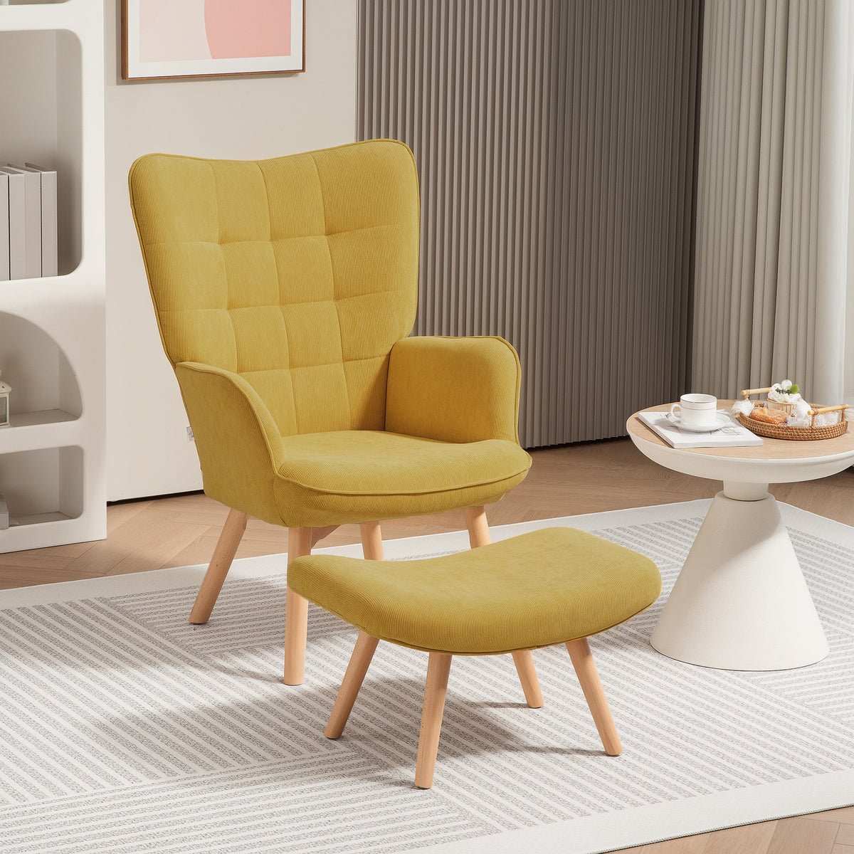 Akzentsessel mit Hocker, Relaxsessel in Cord-Optik, Armlehnstuhl mit Holzbeinen, für Wohnzimmer, Orange