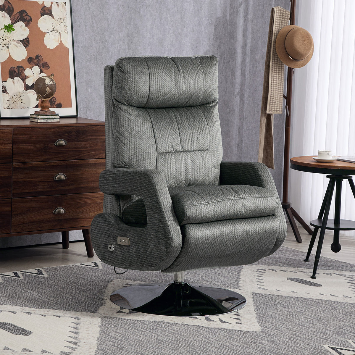 Recliner-Sessel, Elektrischer Polstersessel mit USB-Anschluss und Fu?st¨¹tze, Samtoptik, drehbar, verstellbar, Grau