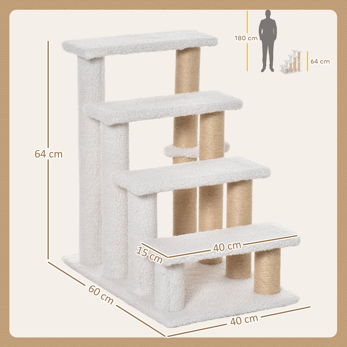 Pet Stair with 4-step Climb Ladder, Scratching Posts, Platforms, Toy Ball, for Indoor Elderly Cats Kittens, White