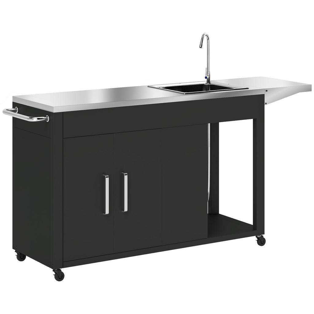 Grillwagen Servierwagen mit Arbeitsfl?che Seitenblatt Schrank Sp¨¹le R?der, Edelstahl 162,5x47x87cm Schwarz