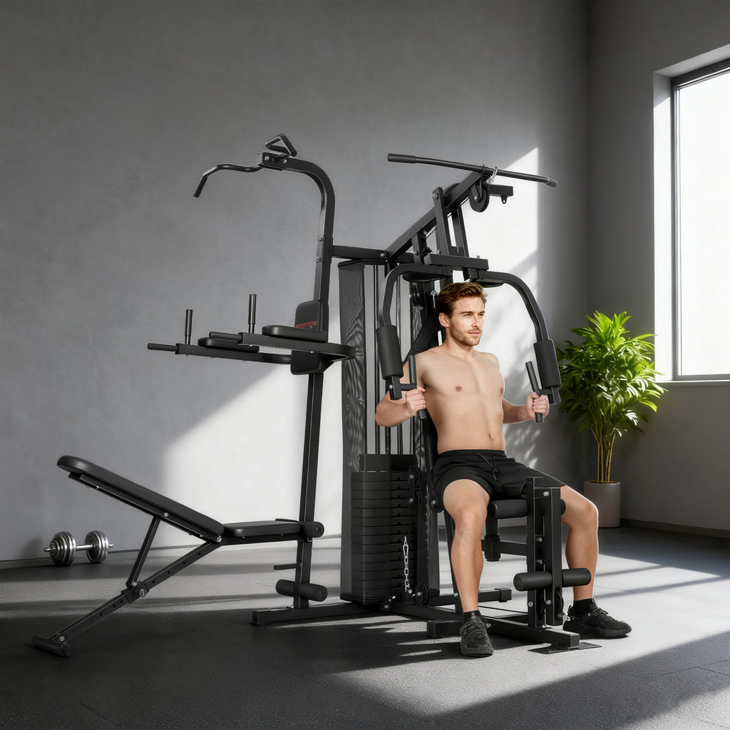 Multifunktions-Trainingsstation, Heimfitness-Maschine für über 10 Übungen, Gewichte, anpassbare Fitnessbank, Schwarz