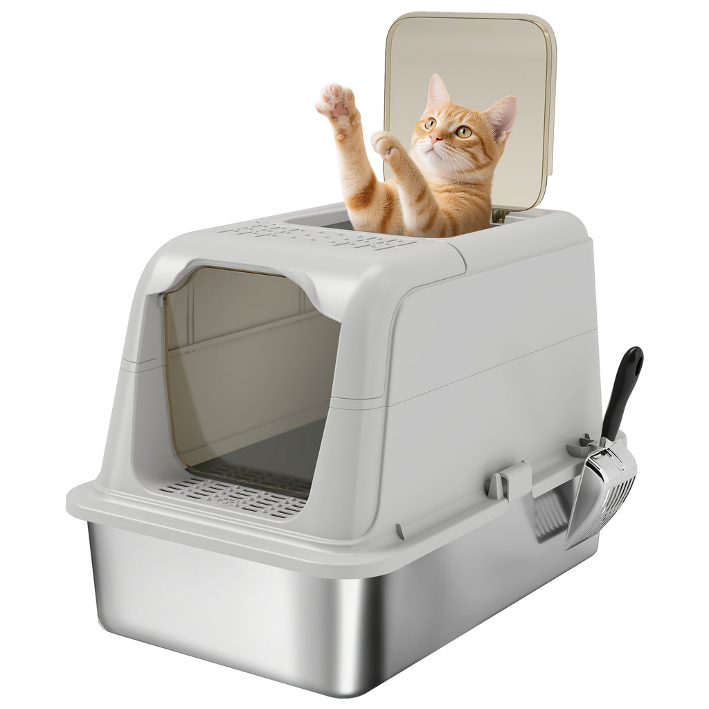 Extra Large Stainless Steel Litter Box, Enclosed Cat Litter Tray with Scoop, Deodorizer Bag, Front-Entry and Top-Exit