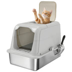 Extra Large Stainless Steel Litter Box, Enclosed Cat Litter Tray with Scoop, Deodorizer Bag, Front-Entry and Top-Exit