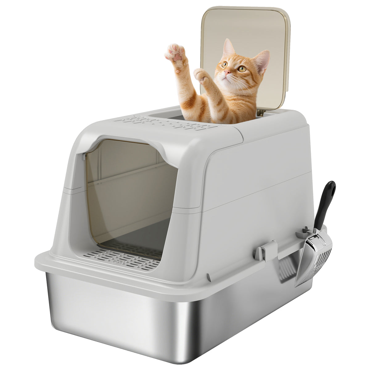 Extra Large Stainless Steel Litter Box, Enclosed Cat Litter Tray with Scoop, Deodorizer Bag, Front-Entry and Top-Exit