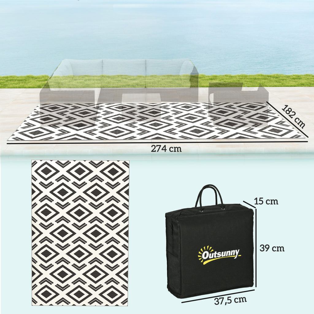 Outdoor Teppich robuster Wetterfest Outdoorteppich mit Tragtasche, faltbar Carpet Boho-Style 182 x 274 cm Schwarz+Wei?