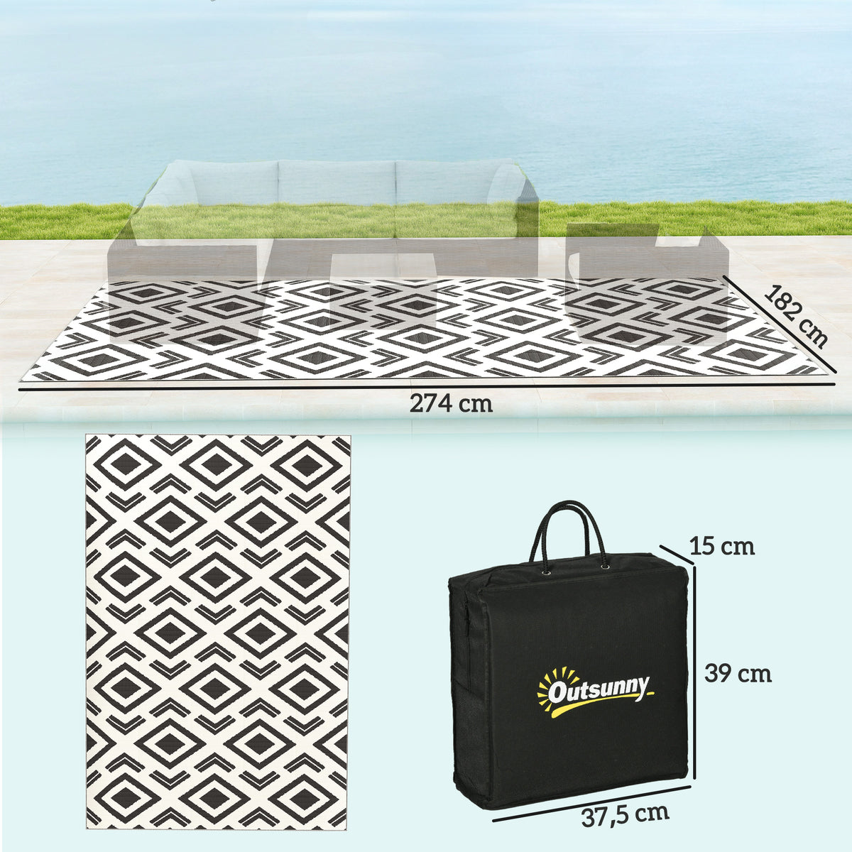 Outdoor Teppich robuster Wetterfest Outdoorteppich mit Tragtasche, faltbar Carpet Boho-Style 182 x 274 cm Schwarz+Wei?