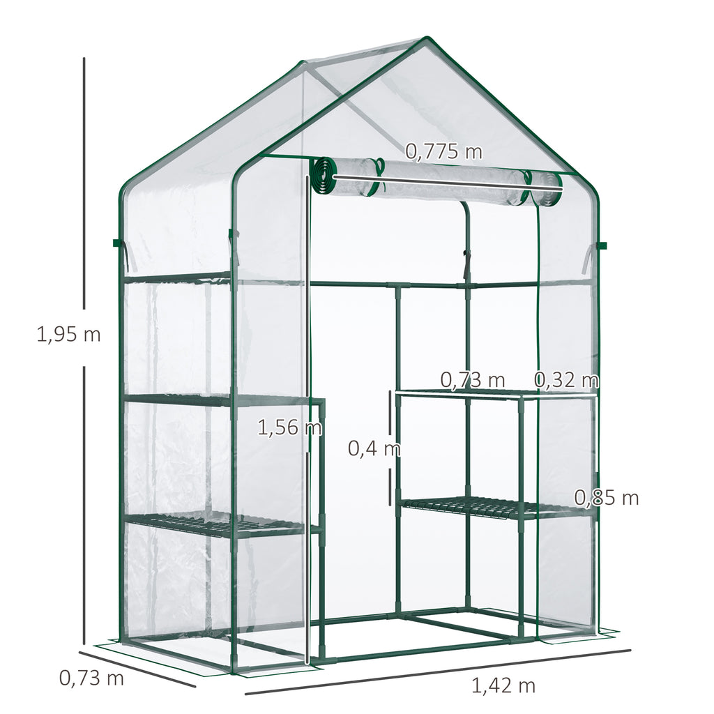  Foliengewächshaus begehbares Gartenhäuschen Tomatengewächshaus Treibhaus Frühbeet mit 6 Regalen Transparent Stahl PVC-Kunststoff 142 x 73 x 195 cm