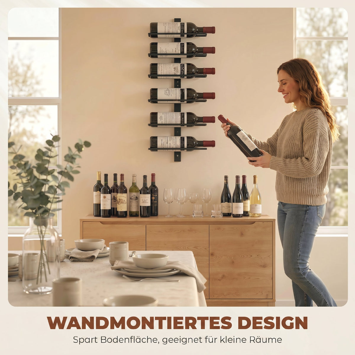 Wall Mounted Wine Rack, 6 Tier Metal Wine Display Rack, Storage Holder for Kitchen, Black