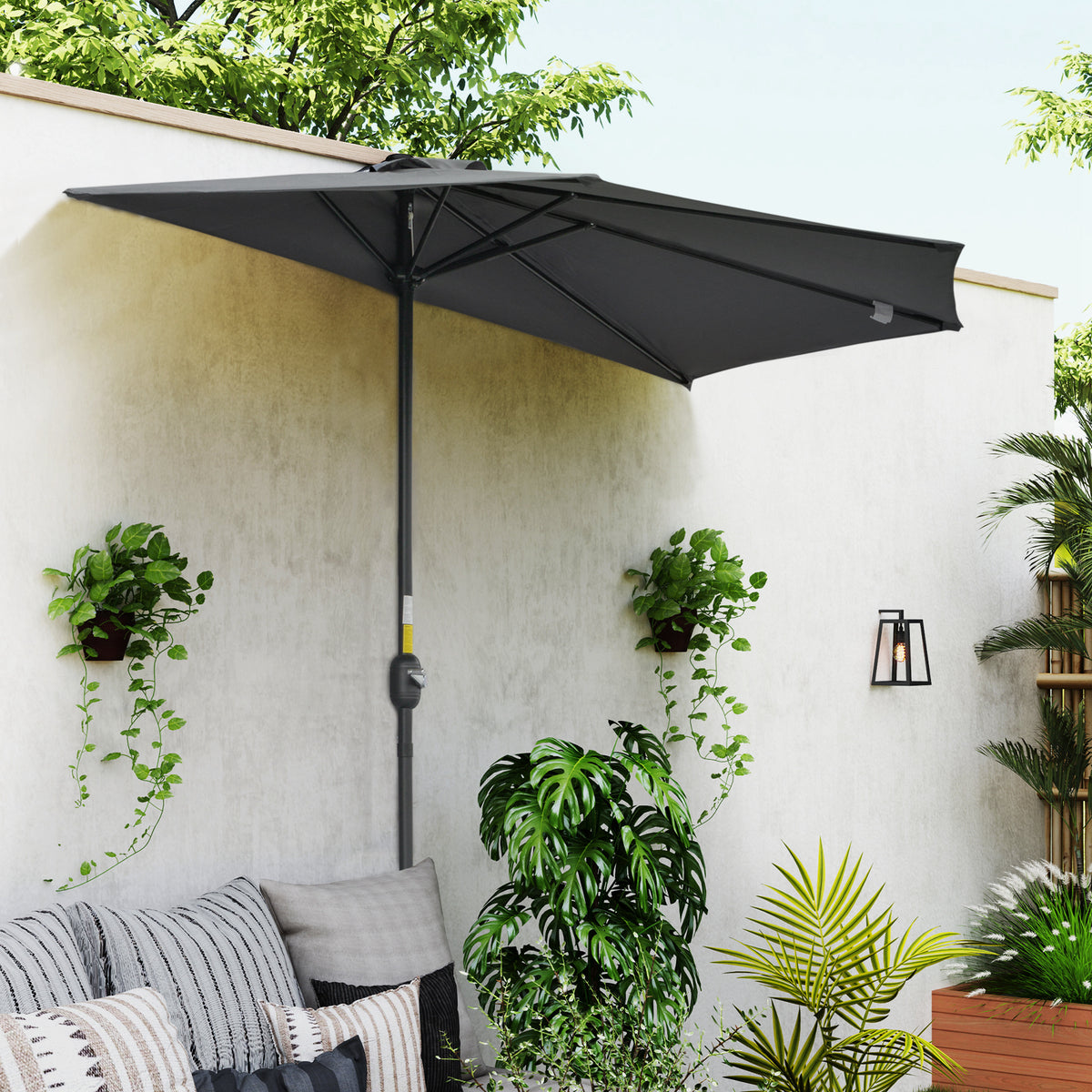 3(m) Half Parasol, Semi Round Umbrella with Metal Frame, Crank Handle for Balcony, Garden, Grey