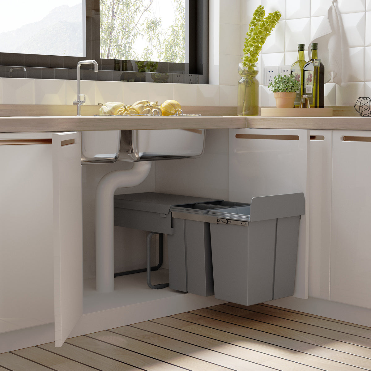 M¨¹lleimer-Konstruktion mit 3 Abfalleimern zur M¨¹lltrennung, Schienensystem, einbaubar, 3er-Set M¨¹llbeh?lter, Grau